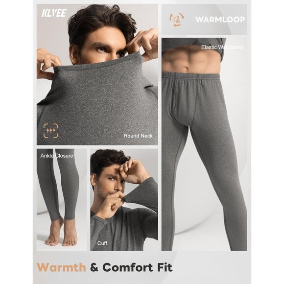 Men's Grey Long Johns Imported Thermal Underwear Fleece Lined for Cold Weather - Picture 3 of 6